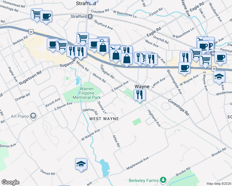 map of restaurants, bars, coffee shops, grocery stores, and more near 312 Rockland Road in Wayne