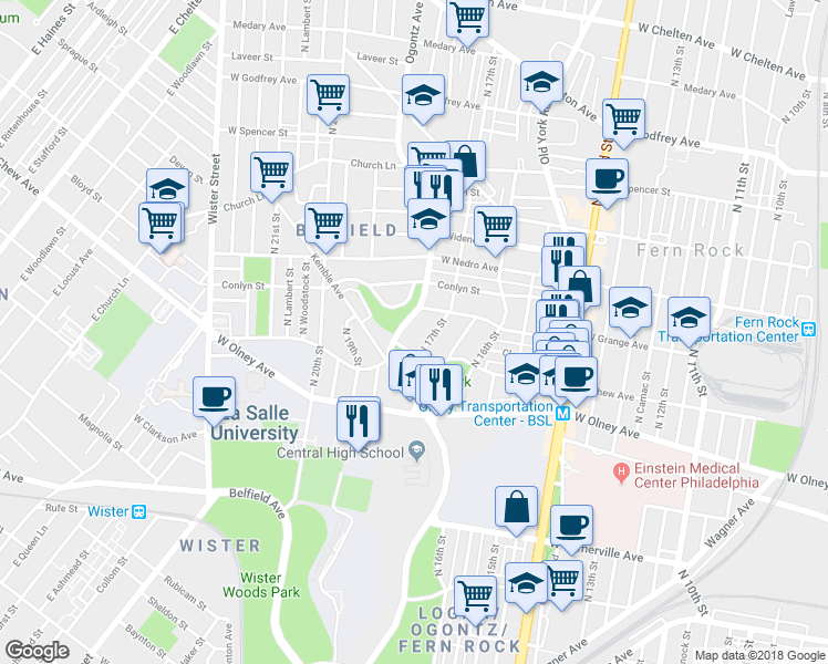map of restaurants, bars, coffee shops, grocery stores, and more near 5719 Ogontz Avenue in Philadelphia