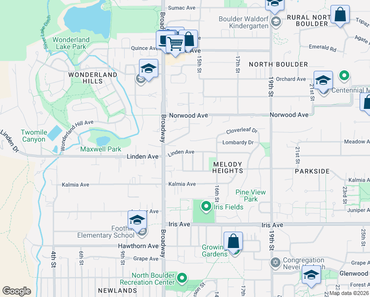 map of restaurants, bars, coffee shops, grocery stores, and more near 1290 Linden Avenue in Boulder