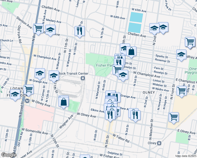 map of restaurants, bars, coffee shops, grocery stores, and more near 5870 North Marshall Street in Philadelphia