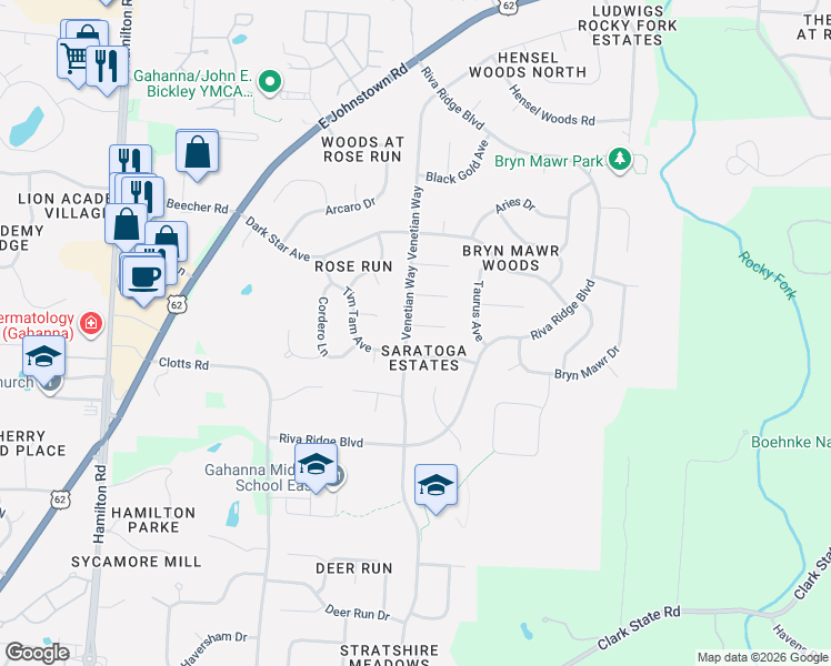 map of restaurants, bars, coffee shops, grocery stores, and more near 753 Hardtack Court in Columbus