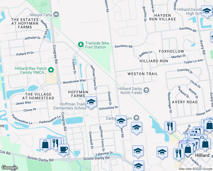 map of restaurants, bars, coffee shops, grocery stores, and more near Park Place in Hilliard