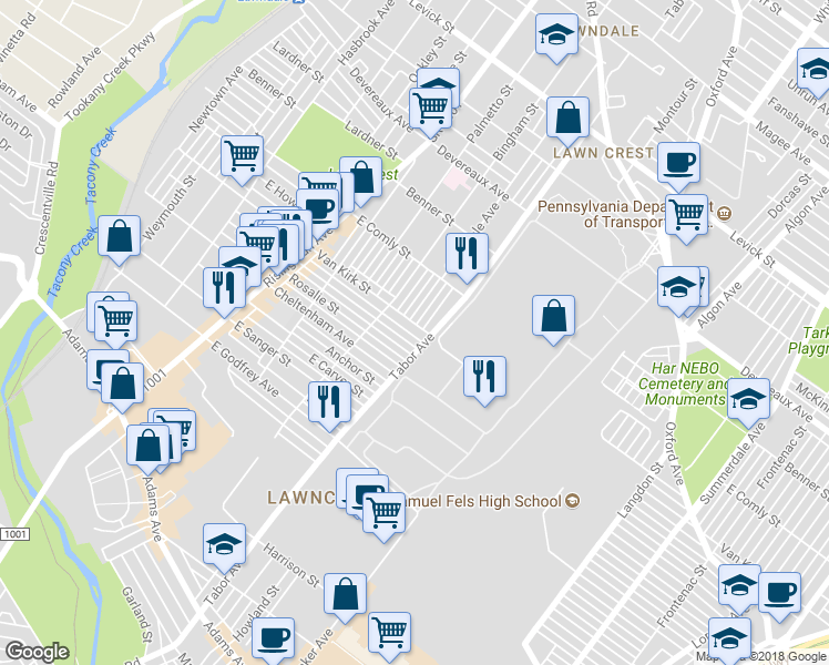 map of restaurants, bars, coffee shops, grocery stores, and more near 642 Van Kirk Street in Philadelphia