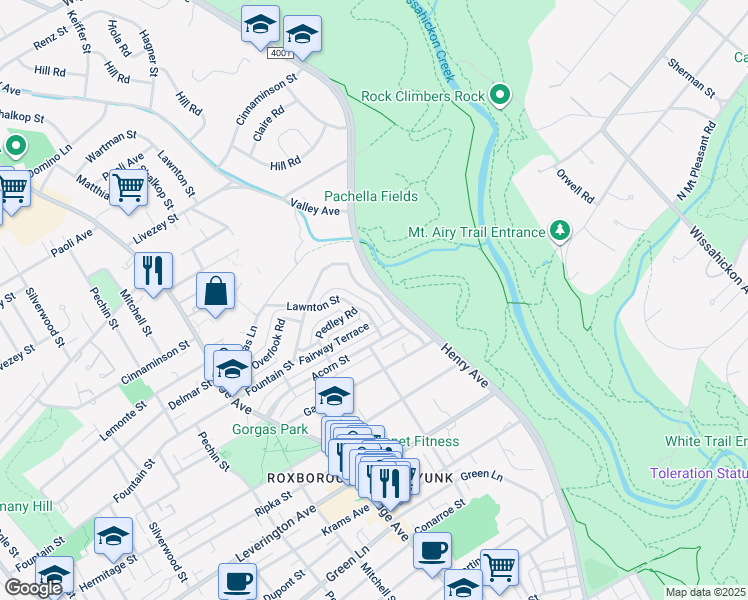 map of restaurants, bars, coffee shops, grocery stores, and more near 6446 Henry Avenue in Philadelphia