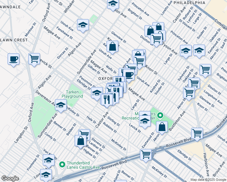 map of restaurants, bars, coffee shops, grocery stores, and more near 1416 Greeby Street in Philadelphia