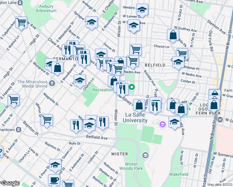 map of restaurants, bars, coffee shops, grocery stores, and more near 6227 East Wister Street in Philadelphia