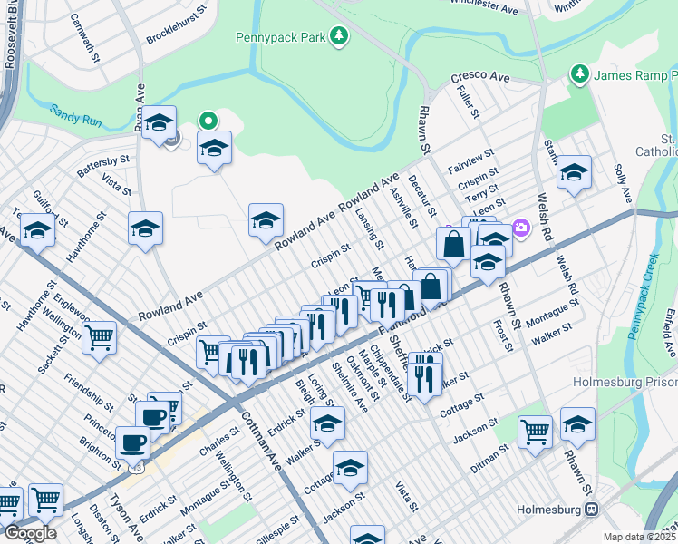 map of restaurants, bars, coffee shops, grocery stores, and more near 3425 Chippendale Street in Philadelphia