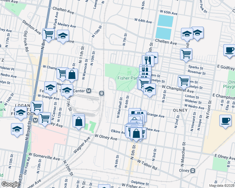 map of restaurants, bars, coffee shops, grocery stores, and more near 5869 North 7th Street in Philadelphia