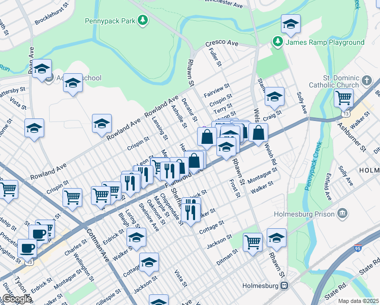 map of restaurants, bars, coffee shops, grocery stores, and more near 7802 Craig Street in Philadelphia