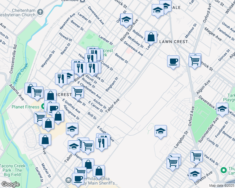 map of restaurants, bars, coffee shops, grocery stores, and more near 642 Van Kirk Street in Philadelphia