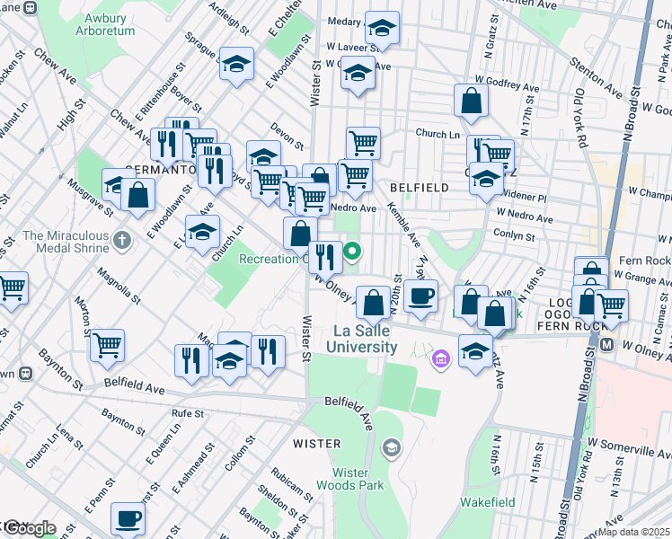 map of restaurants, bars, coffee shops, grocery stores, and more near 2127 West Chew Avenue in Philadelphia
