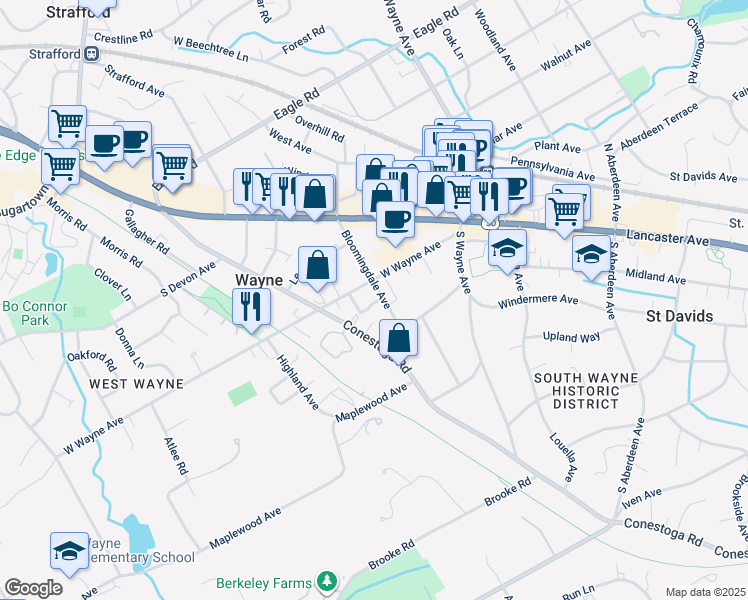 map of restaurants, bars, coffee shops, grocery stores, and more near 206 Bloomingdale Avenue in Wayne