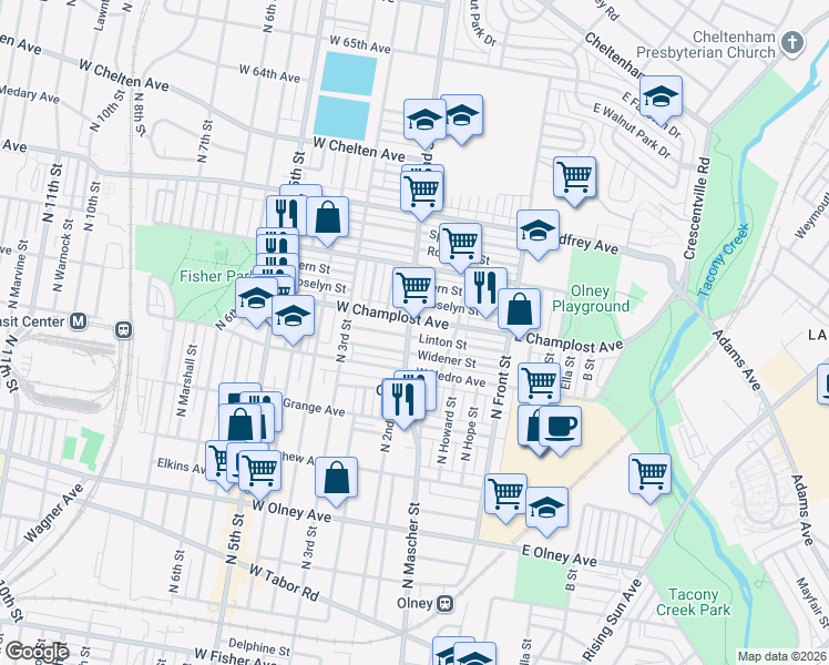 map of restaurants, bars, coffee shops, grocery stores, and more near 209 Widener Street in Philadelphia