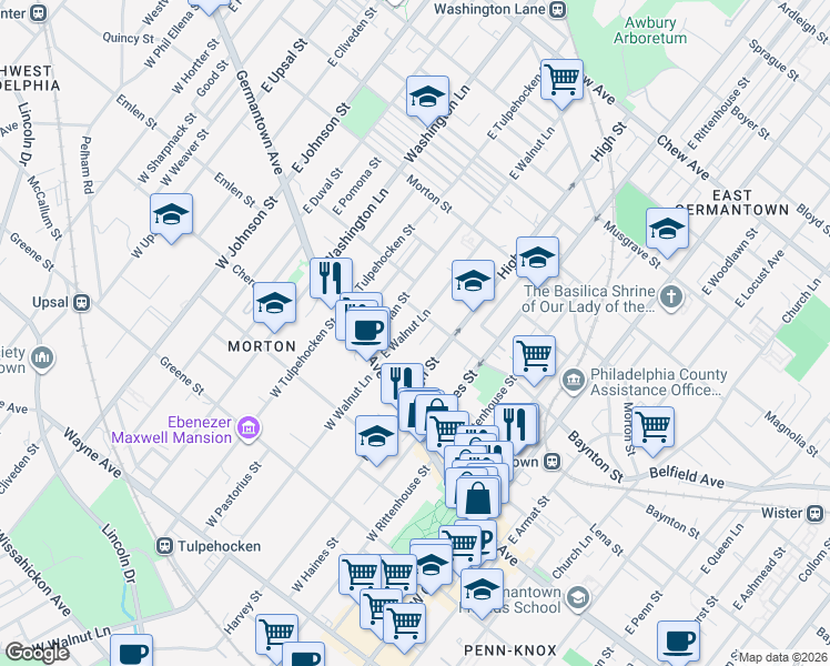map of restaurants, bars, coffee shops, grocery stores, and more near 44 East Walnut Lane in Philadelphia