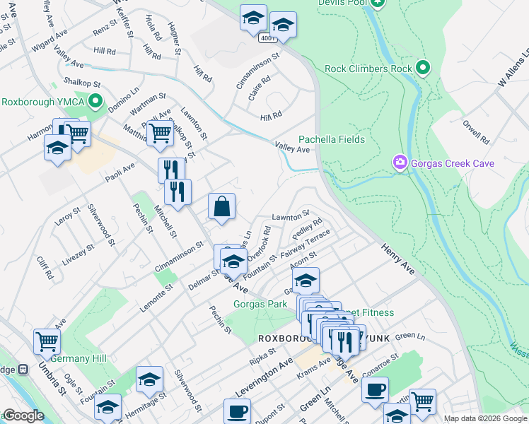 map of restaurants, bars, coffee shops, grocery stores, and more near 602 Gorgas Lane in Philadelphia