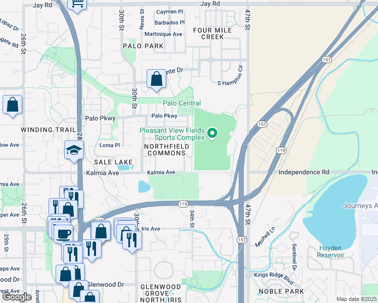 map of restaurants, bars, coffee shops, grocery stores, and more near 3658 Pinedale Street in Boulder