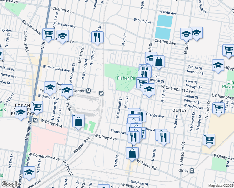 map of restaurants, bars, coffee shops, grocery stores, and more near 5869 North 7th Street in Philadelphia
