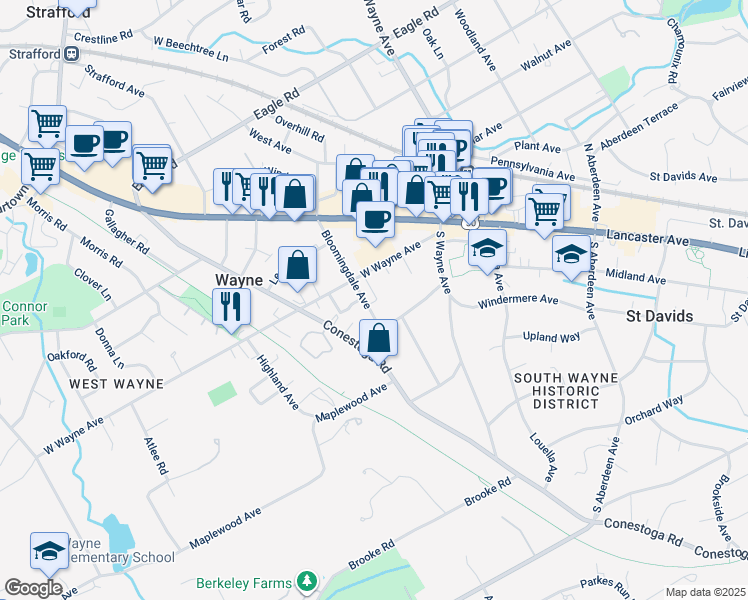map of restaurants, bars, coffee shops, grocery stores, and more near 201 Bloomingdale Avenue in Wayne