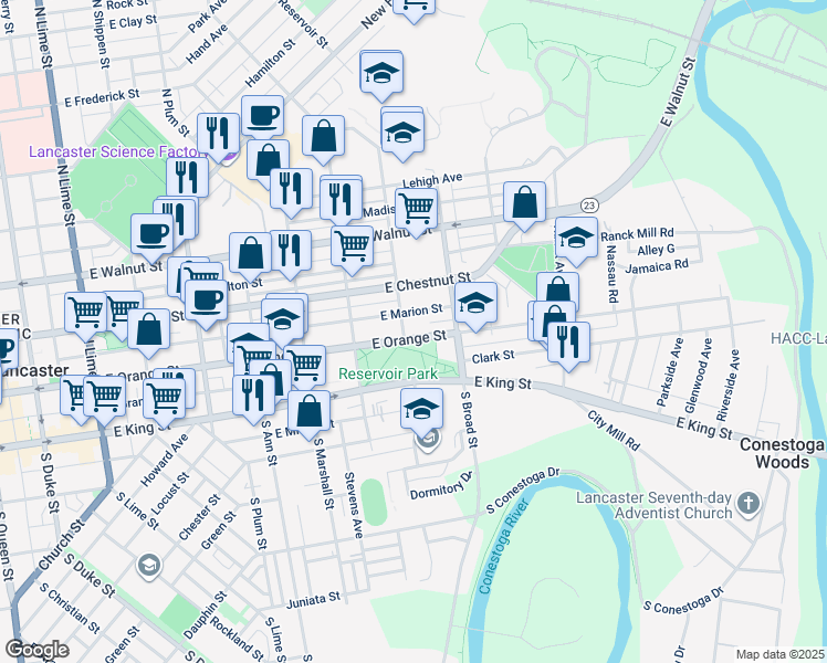 map of restaurants, bars, coffee shops, grocery stores, and more near 809 East Orange Street in Lancaster