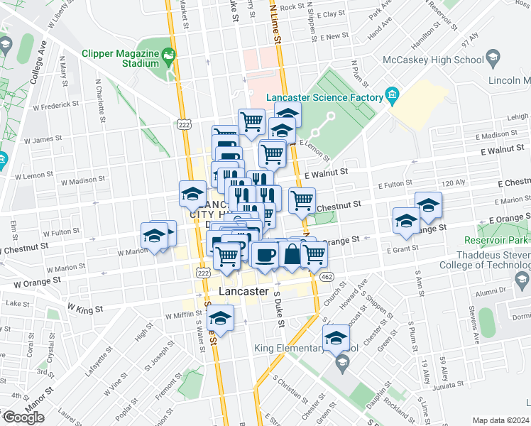 map of restaurants, bars, coffee shops, grocery stores, and more near 120 East Chestnut Street in Lancaster
