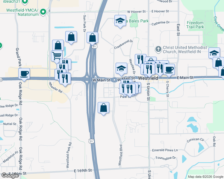 map of restaurants, bars, coffee shops, grocery stores, and more near 221 Westfield Boulevard in Westfield