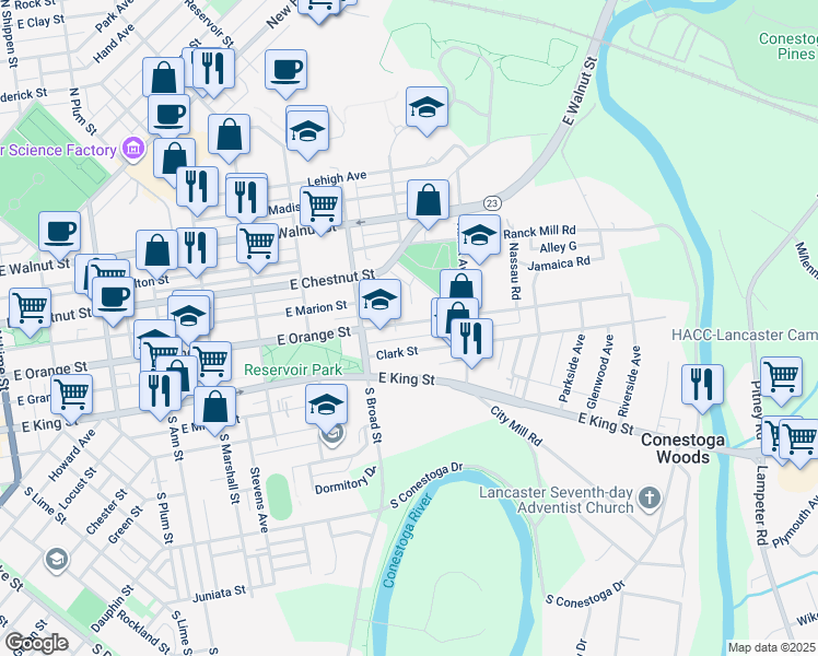 map of restaurants, bars, coffee shops, grocery stores, and more near 954 East Orange Street in Lancaster