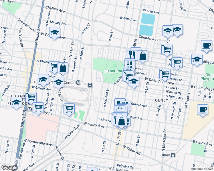 map of restaurants, bars, coffee shops, grocery stores, and more near 5872 North Marshall Street in Philadelphia