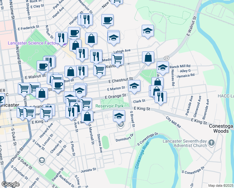map of restaurants, bars, coffee shops, grocery stores, and more near 809 East Orange Street in Lancaster