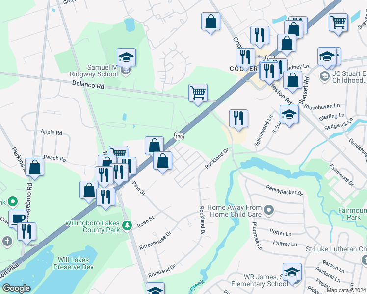 map of restaurants, bars, coffee shops, grocery stores, and more near Lorrimer Ct in Willingboro Township