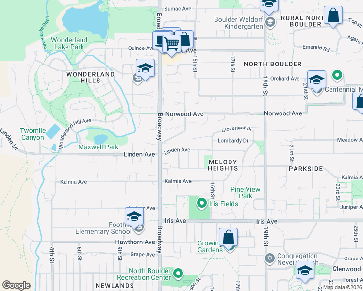 map of restaurants, bars, coffee shops, grocery stores, and more near 1290 Linden Avenue in Boulder