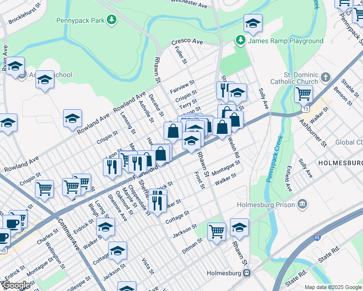 map of restaurants, bars, coffee shops, grocery stores, and more near 7915R Craig Street in Philadelphia