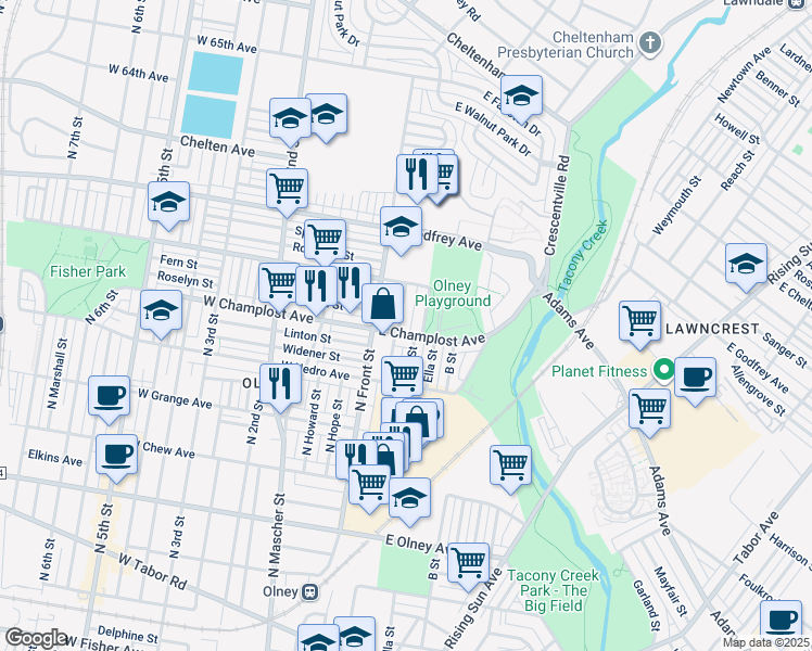 map of restaurants, bars, coffee shops, grocery stores, and more near 6005 North Water Street in Philadelphia