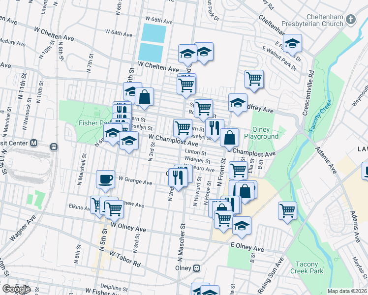 map of restaurants, bars, coffee shops, grocery stores, and more near 164 Linton Street in Philadelphia