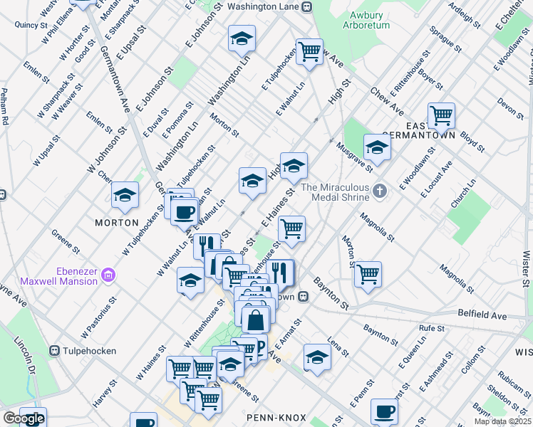 map of restaurants, bars, coffee shops, grocery stores, and more near 208 East Haines Street in Philadelphia
