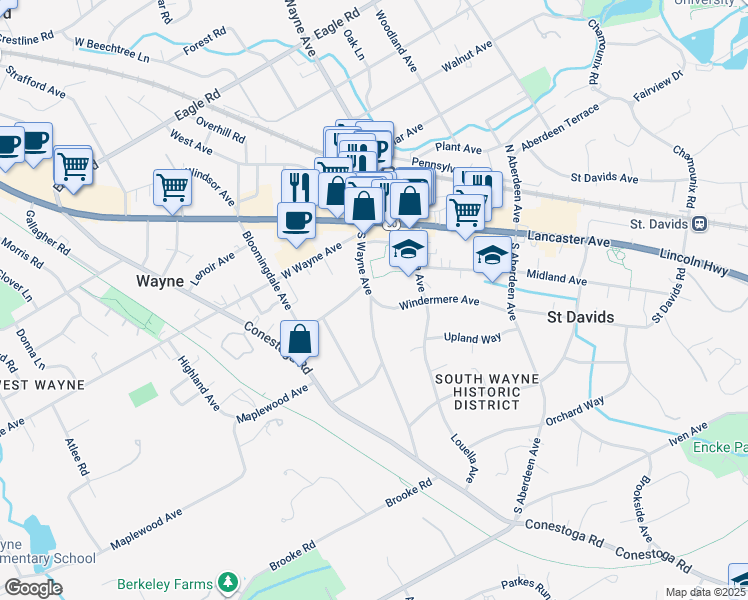 map of restaurants, bars, coffee shops, grocery stores, and more near 100 Windermere Avenue in Wayne