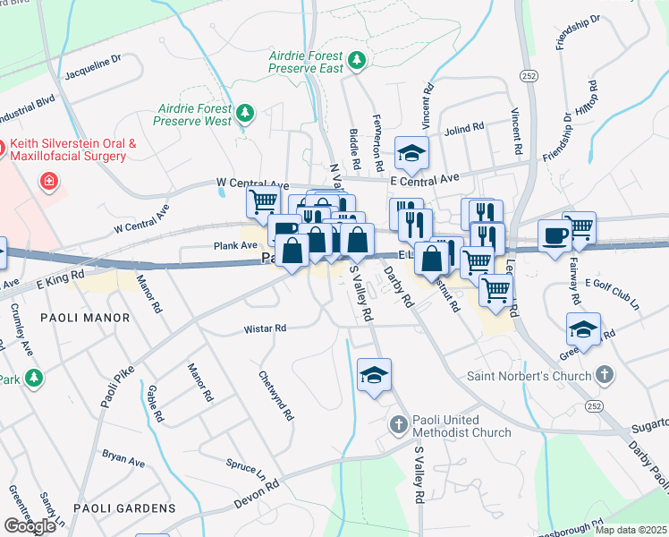 map of restaurants, bars, coffee shops, grocery stores, and more near 30 South Valley Road in Paoli
