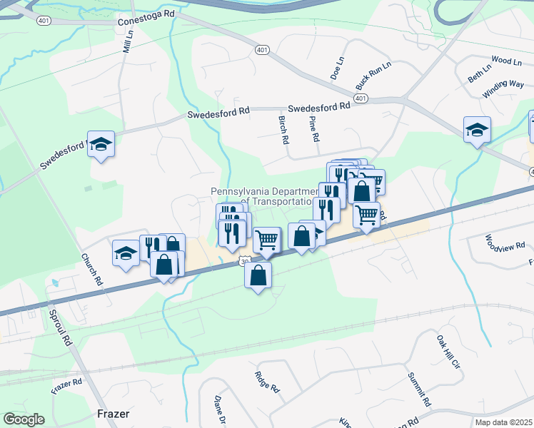 map of restaurants, bars, coffee shops, grocery stores, and more near 128 Josephs Way in Malvern