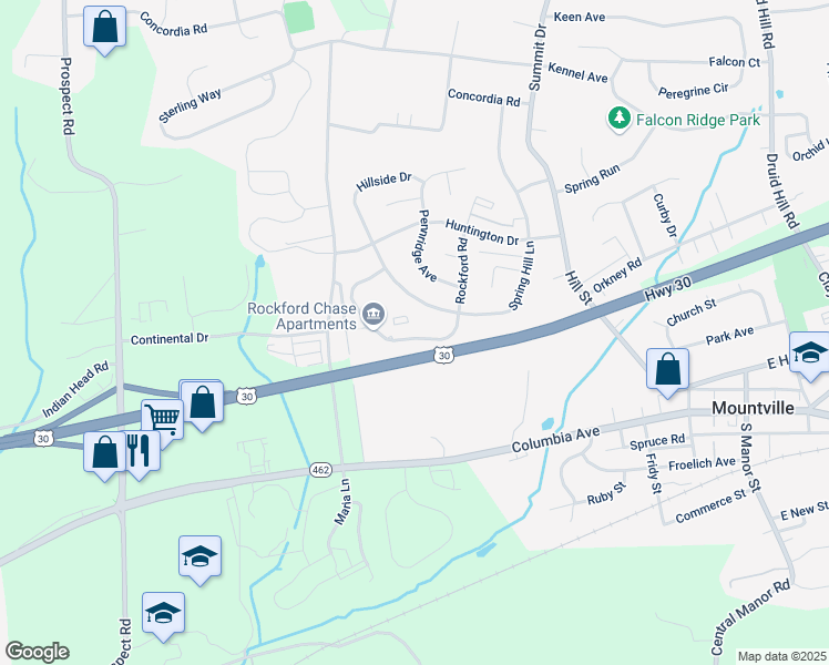 map of restaurants, bars, coffee shops, grocery stores, and more near 206 South Rockford Road in Mountville