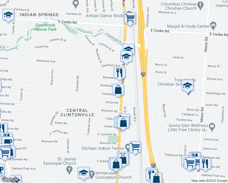 map of restaurants, bars, coffee shops, grocery stores, and more near 619 Chatham Road in Columbus
