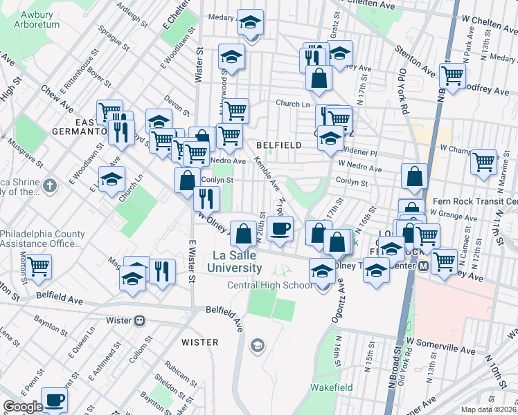 map of restaurants, bars, coffee shops, grocery stores, and more near West Chew Avenue in Philadelphia