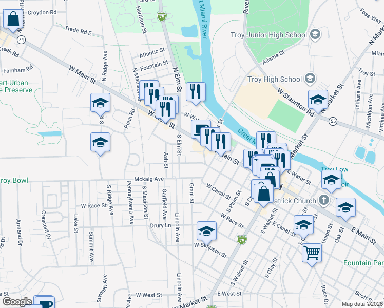 map of restaurants, bars, coffee shops, grocery stores, and more near 523 West Franklin Street in Troy