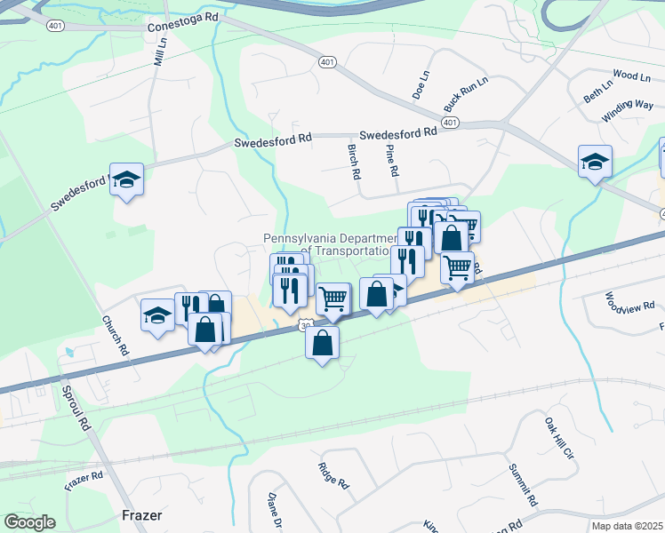 map of restaurants, bars, coffee shops, grocery stores, and more near 128 Josephs Way in Malvern