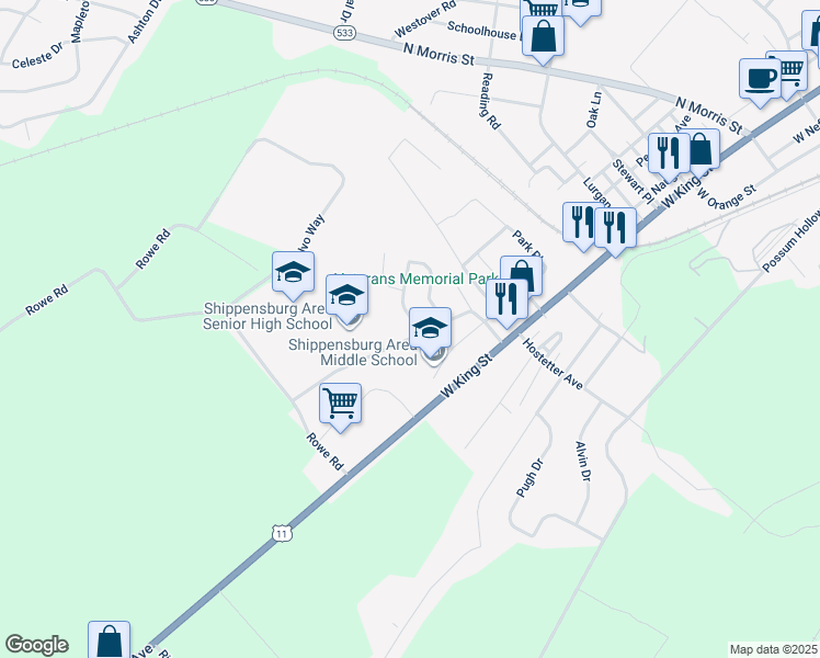 map of restaurants, bars, coffee shops, grocery stores, and more near 100 Baker and Russell Drive in Shippensburg