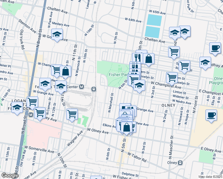 map of restaurants, bars, coffee shops, grocery stores, and more near 5872 North Marshall Street in Philadelphia