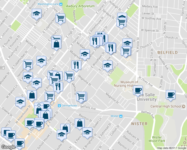 map of restaurants, bars, coffee shops, grocery stores, and more near 543 East Locust Avenue in Philadelphia