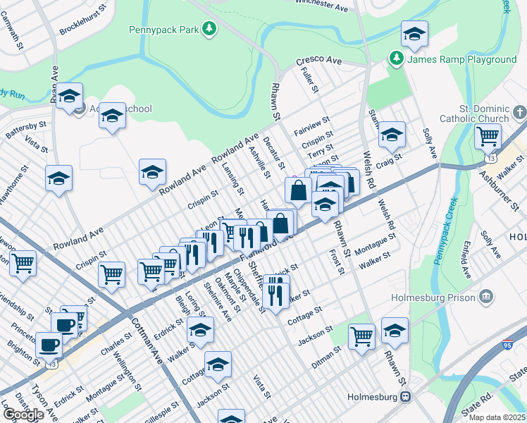 map of restaurants, bars, coffee shops, grocery stores, and more near 3524 Hartel Avenue in Philadelphia