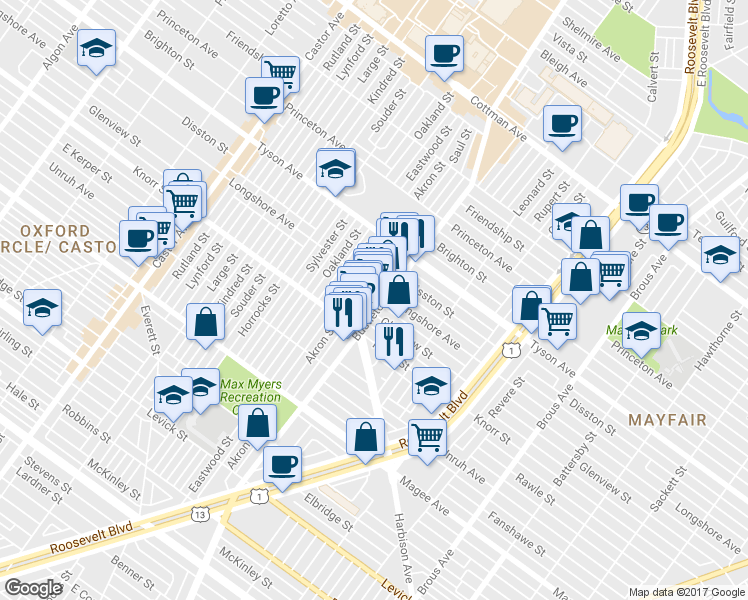 map of restaurants, bars, coffee shops, grocery stores, and more near 6836 Bustleton Avenue in Philadelphia