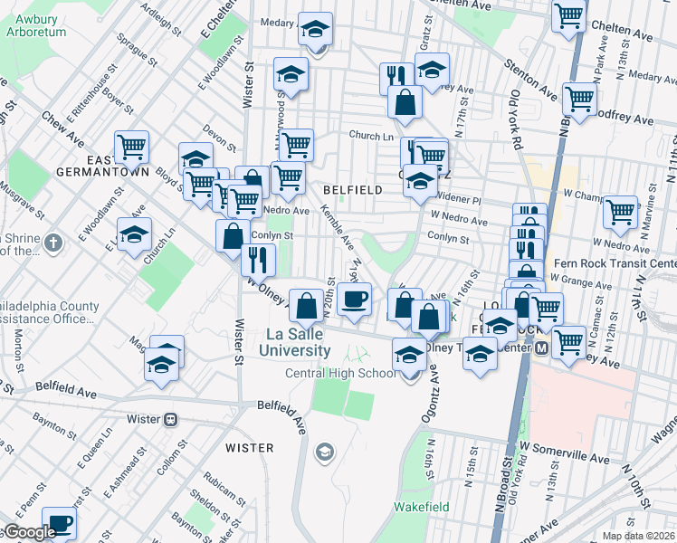 map of restaurants, bars, coffee shops, grocery stores, and more near 5720 North 19th Street in Philadelphia