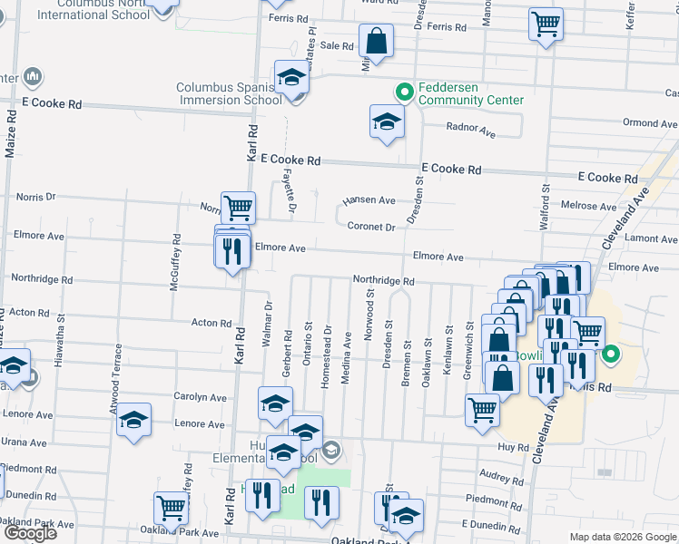 map of restaurants, bars, coffee shops, grocery stores, and more near 3627 Medina Avenue in Columbus