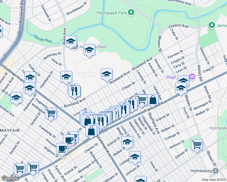 map of restaurants, bars, coffee shops, grocery stores, and more near 3331 Shelmire Avenue in Philadelphia
